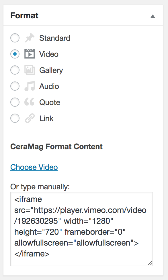 Insert a video for a video format post.