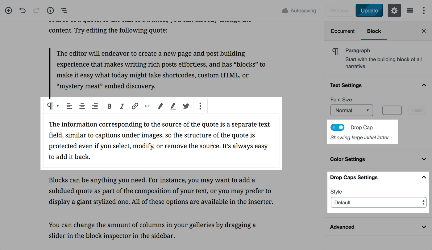 Drop Caps shortcode in Gutenberg editor