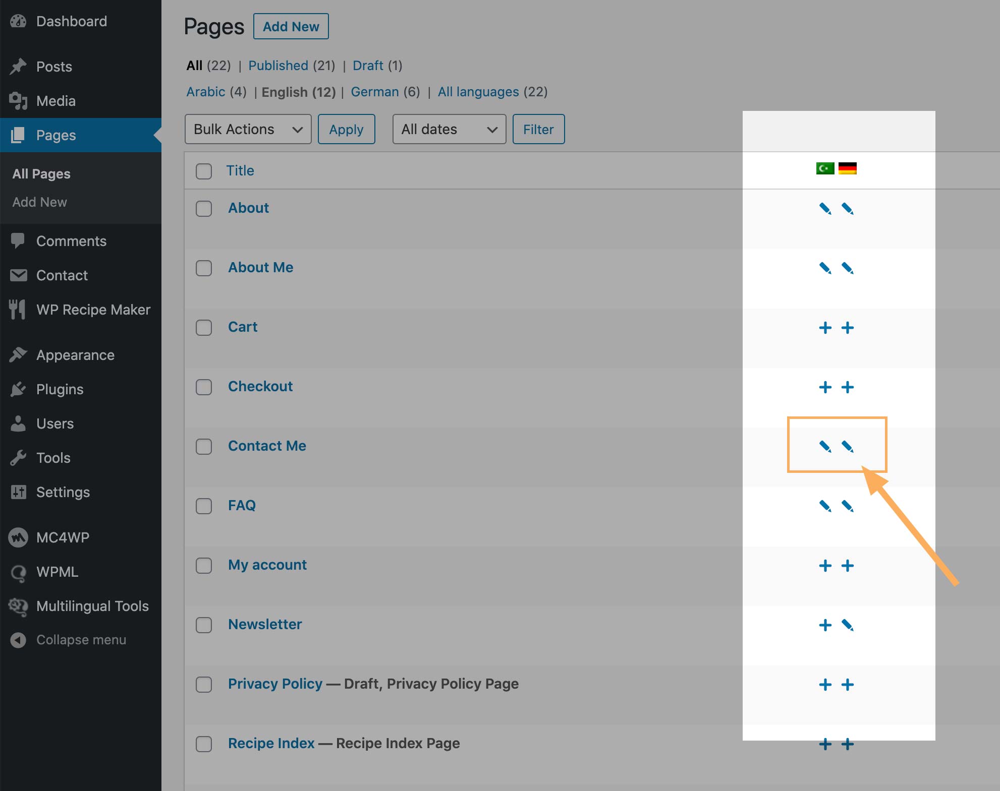 Click on the Pencil icon to updating the translation