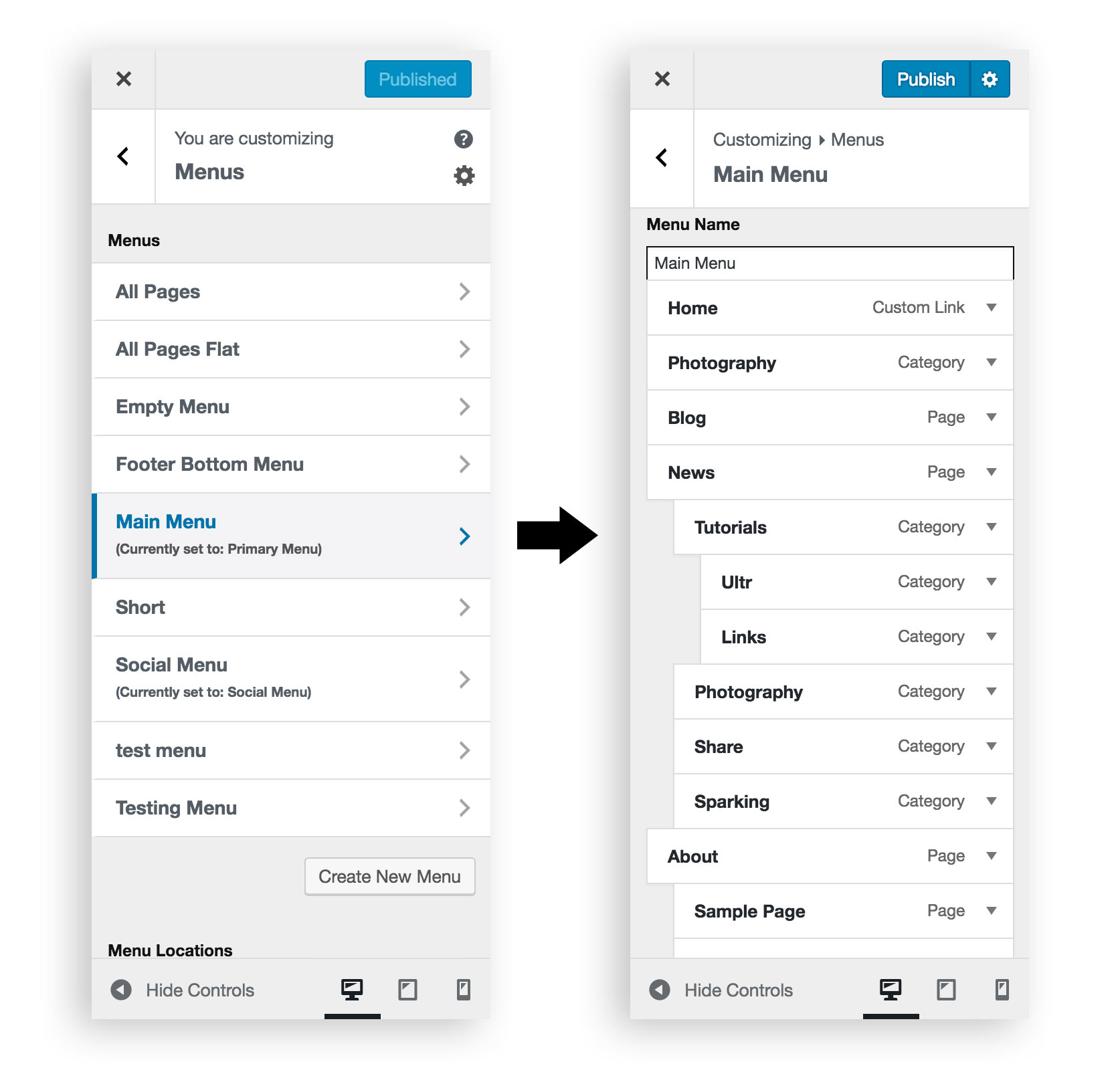 Manage Primary Menu in customizer