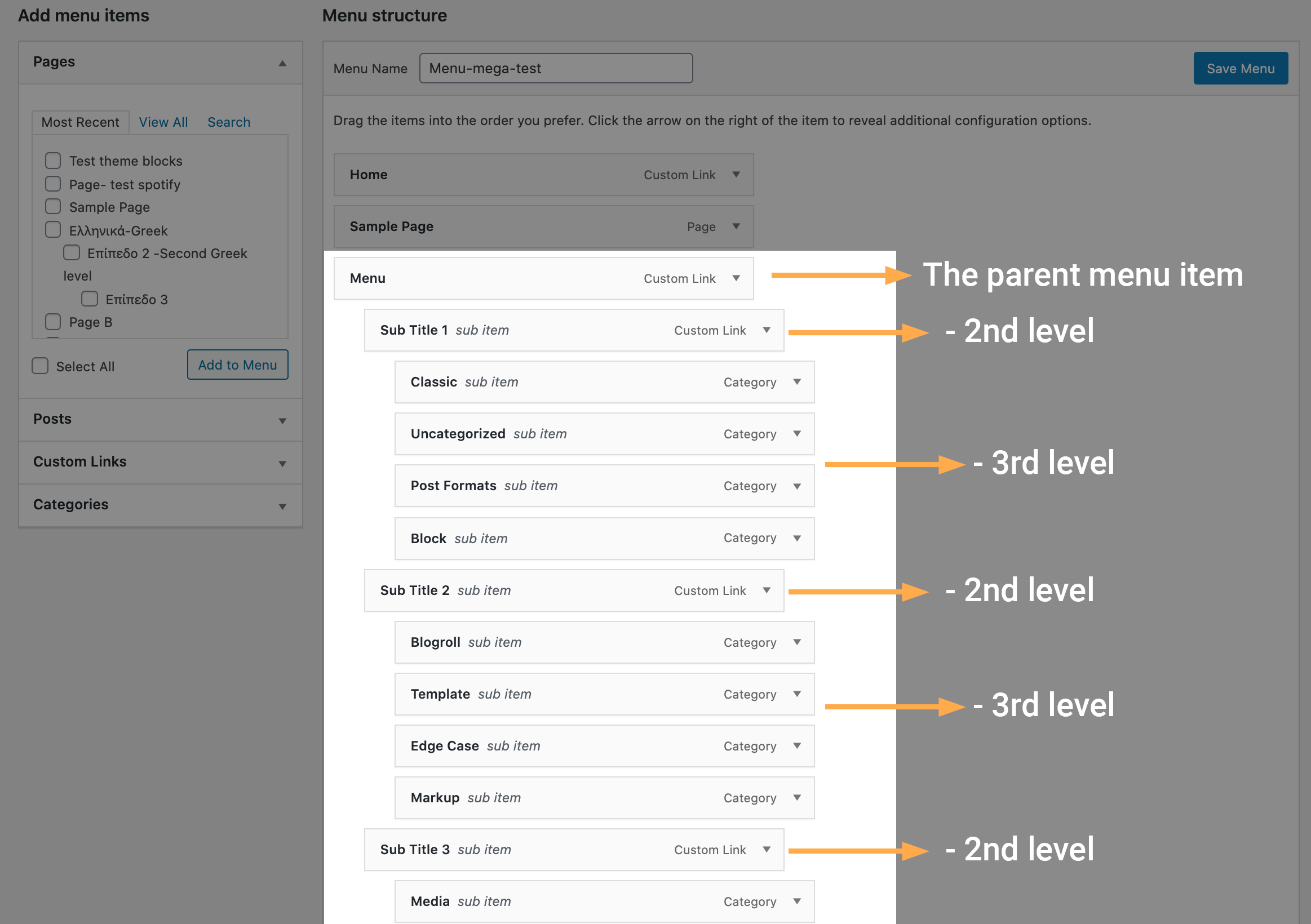 Drag and drop to create multi-level menus