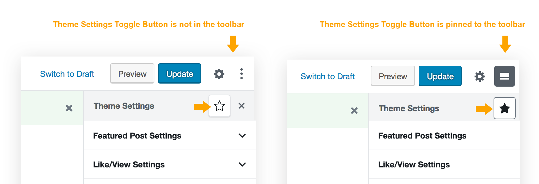 Theme Settings toggle button - Pin to Toolbar