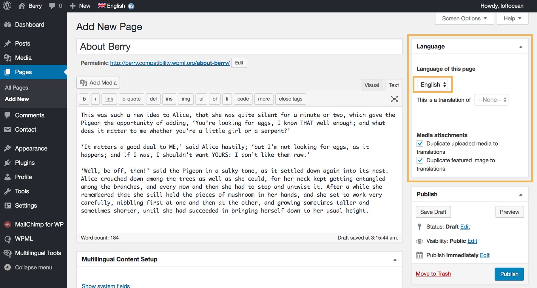 Creating pages and posts in the site's default language
