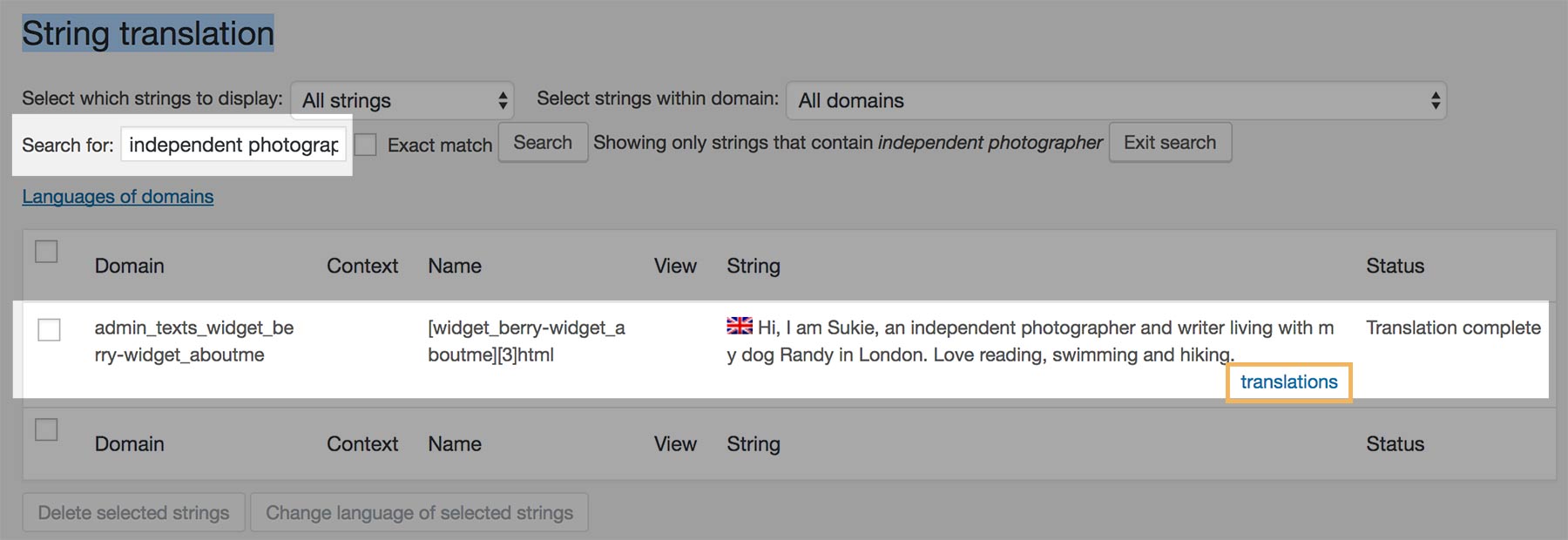 Search for the string