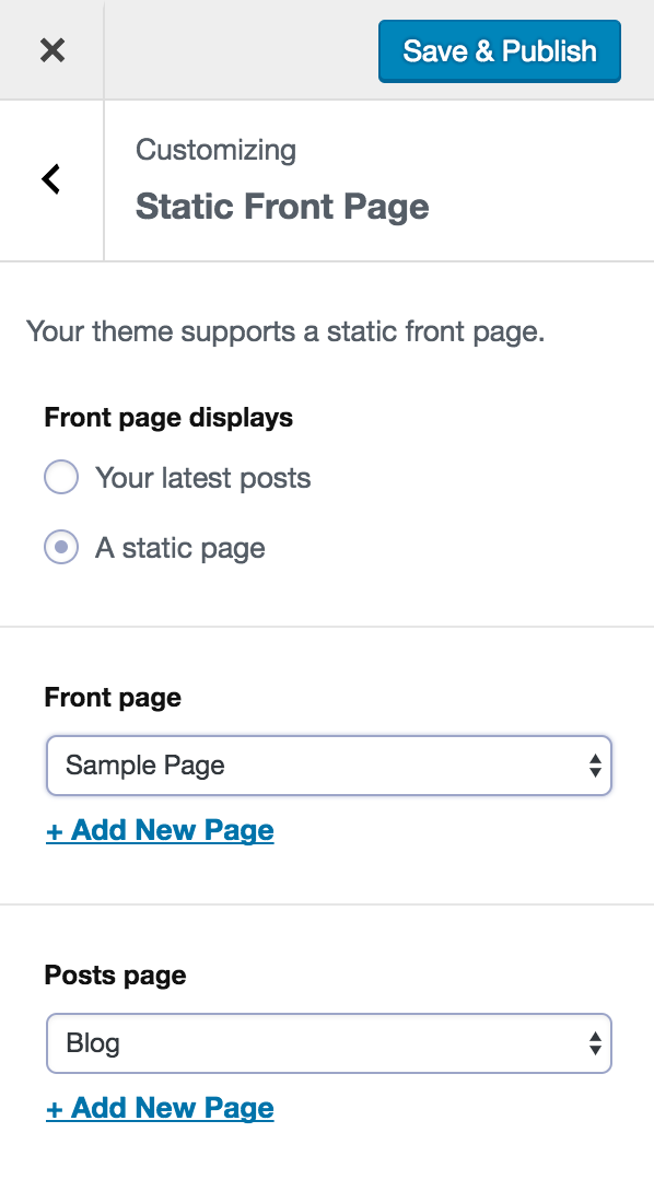 Front Page displays a static page