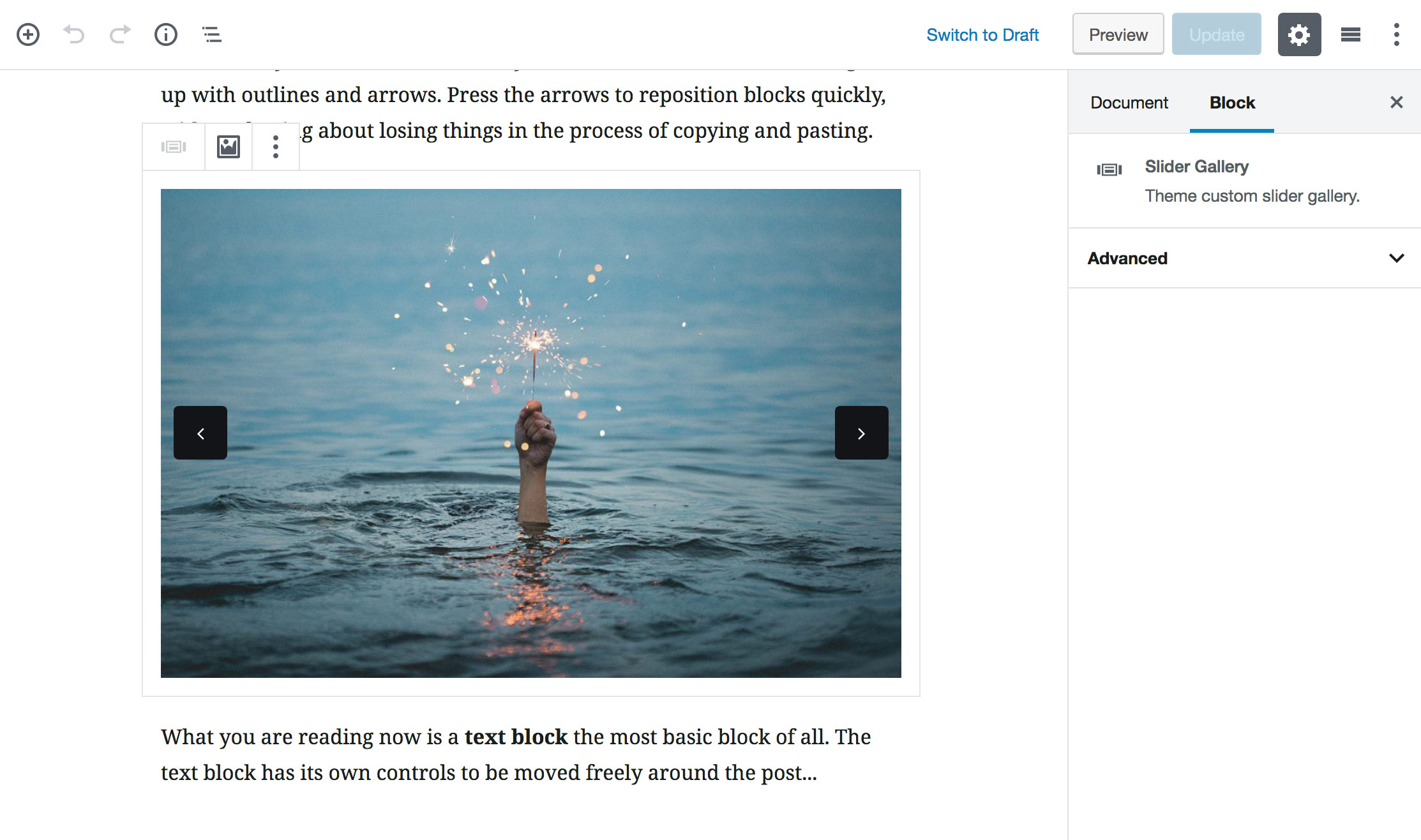 Slider Gallery Block preview in Gutenberg Editor