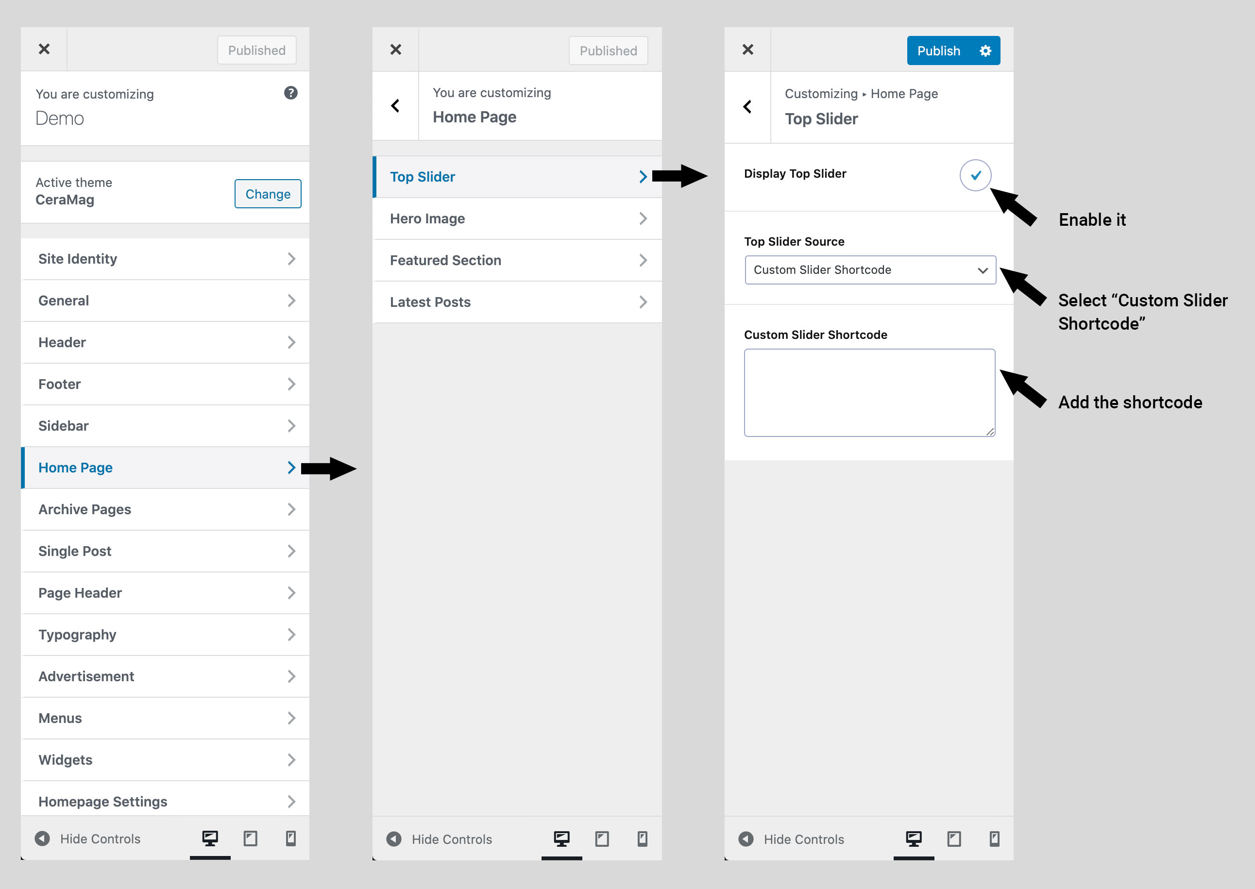 Add shortcode to replace the Theme Top Slider