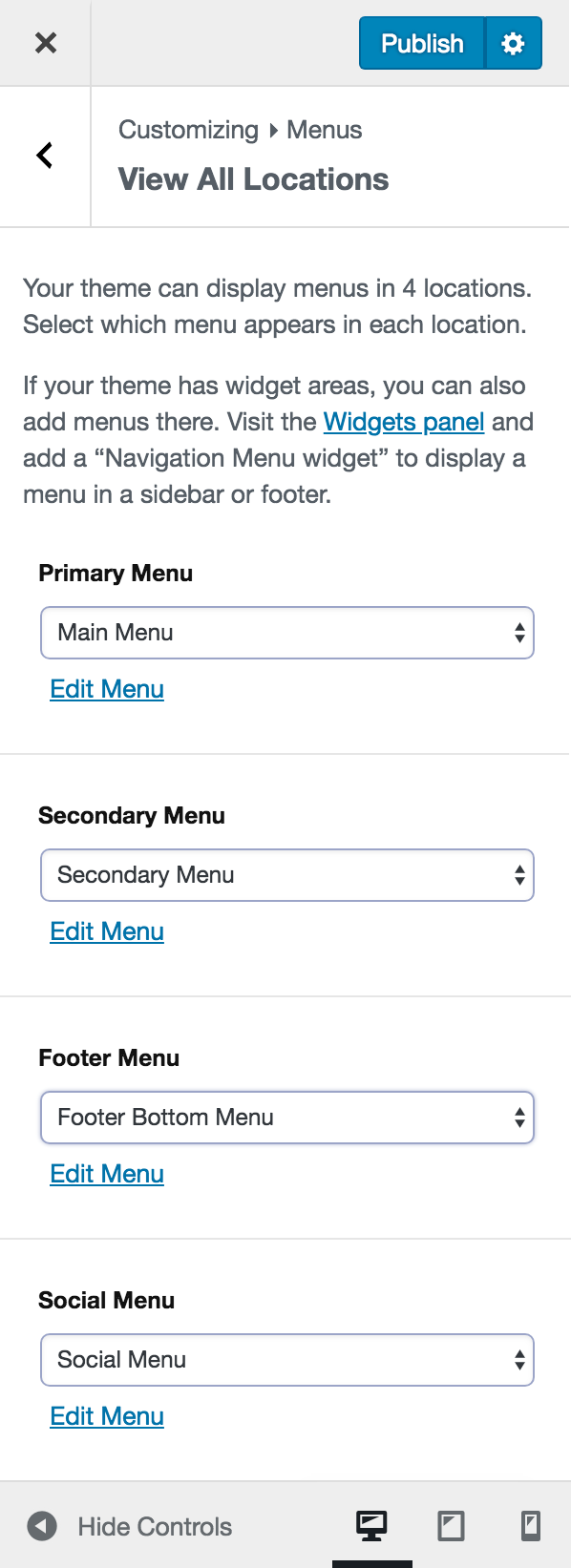 Menu Locations in Customizer