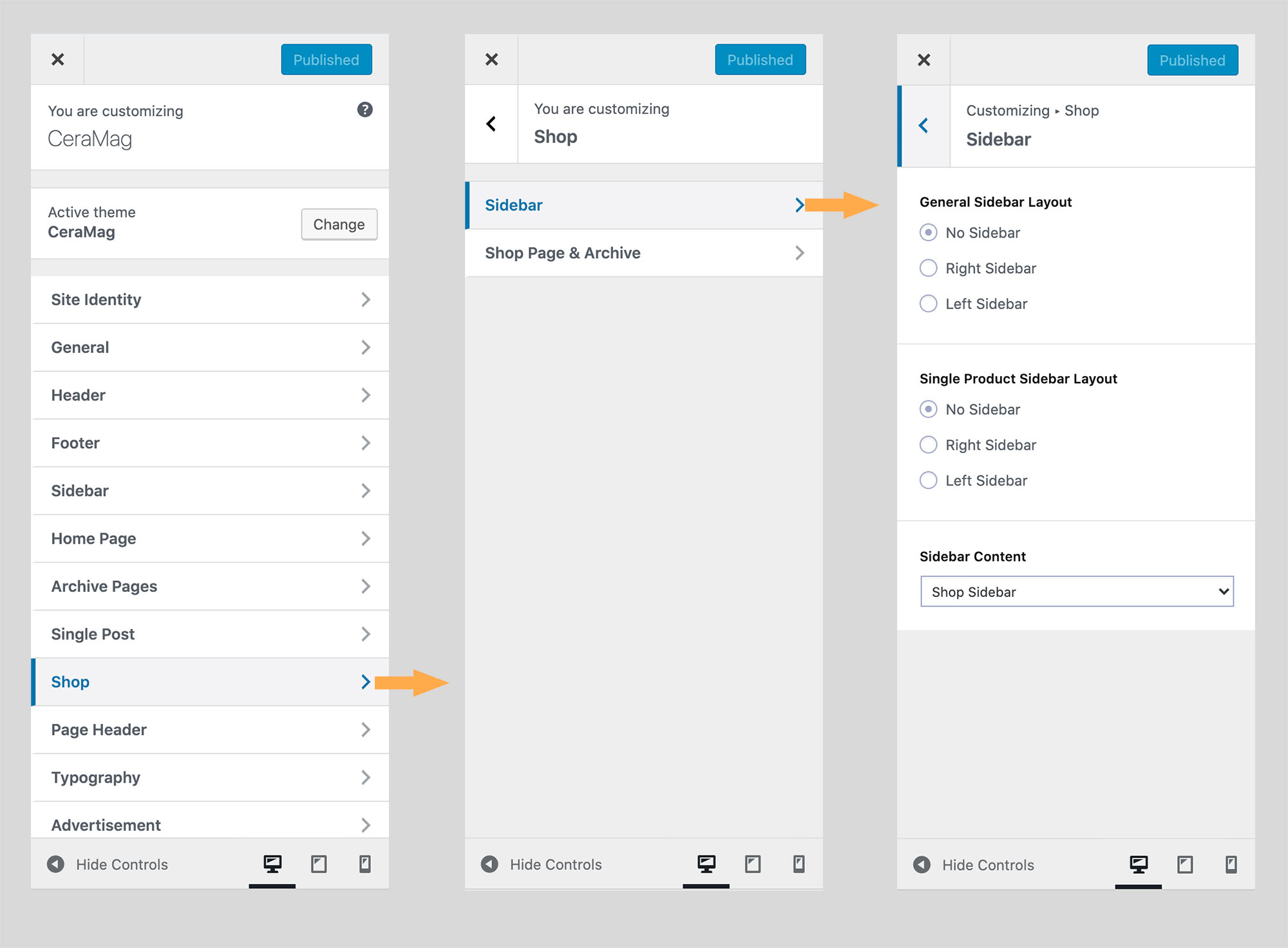 Customize sidebar layout for shop page & single product page