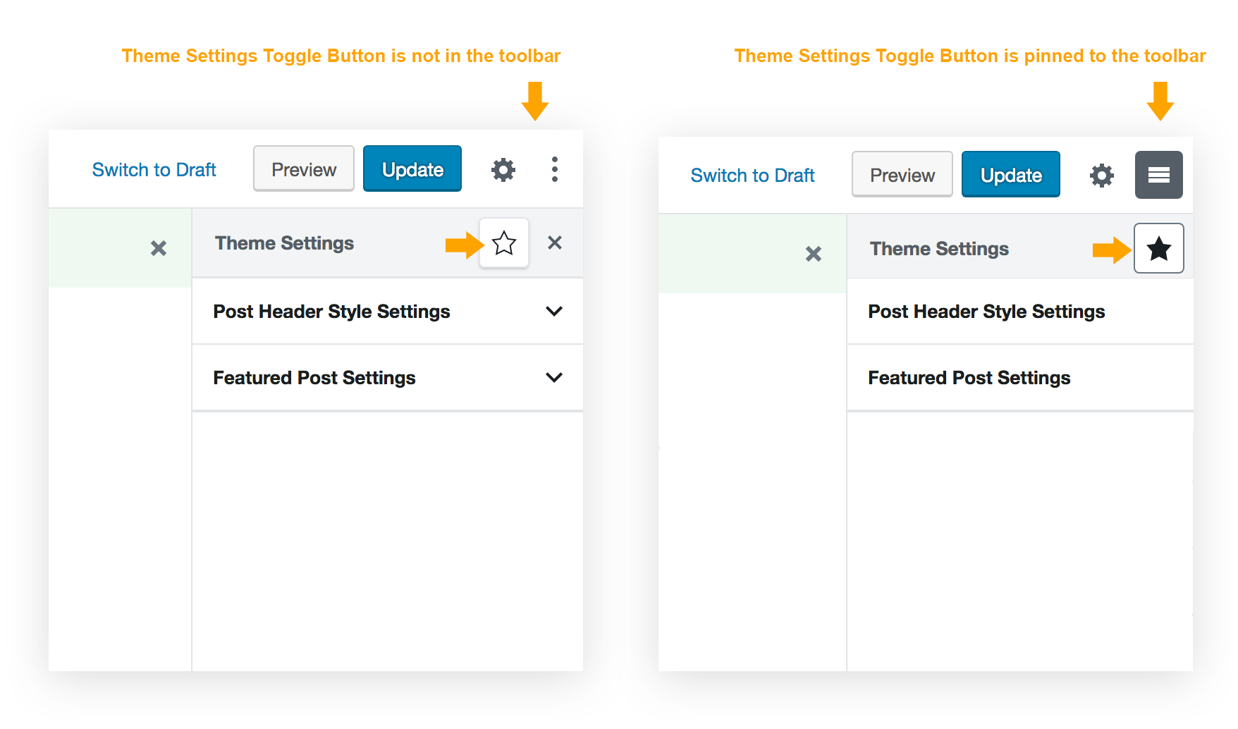 Theme Settings toggle button - Pin to Toolbar