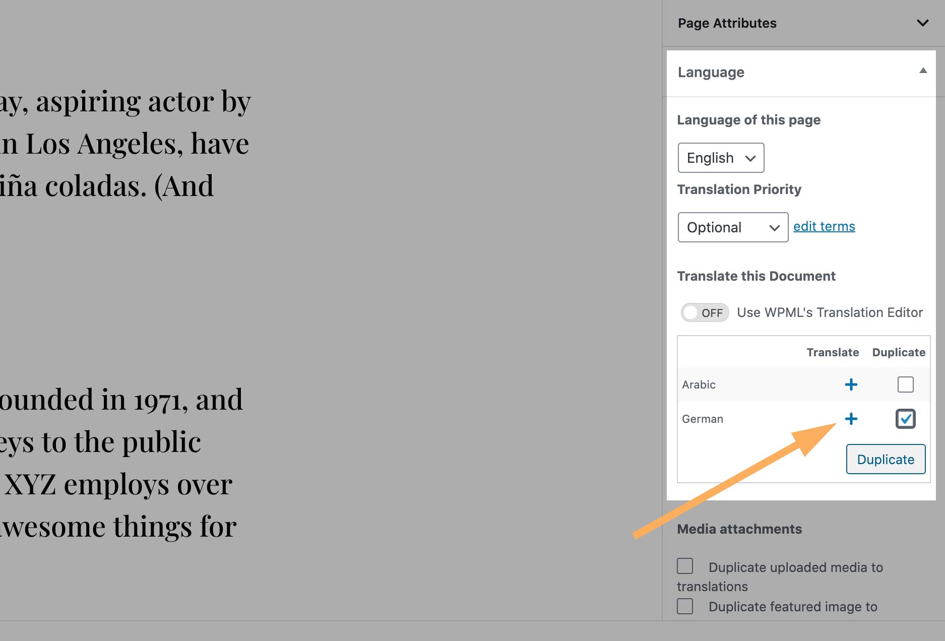 WPML Language box when editing a page