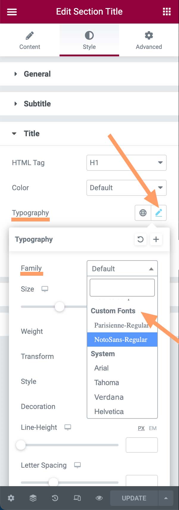 Use the custom fonts with Elementor.