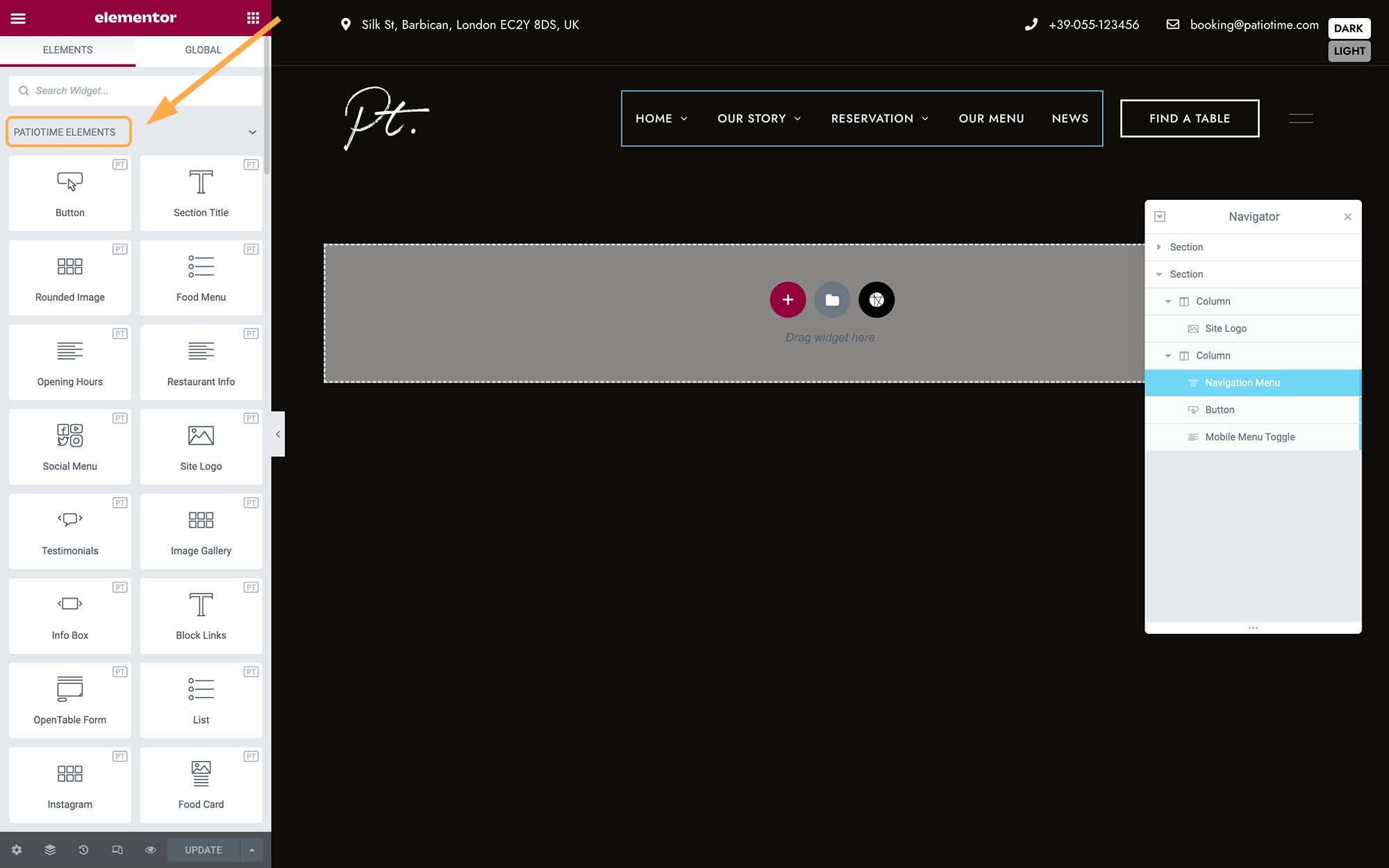 Edit a new site header with Elementor