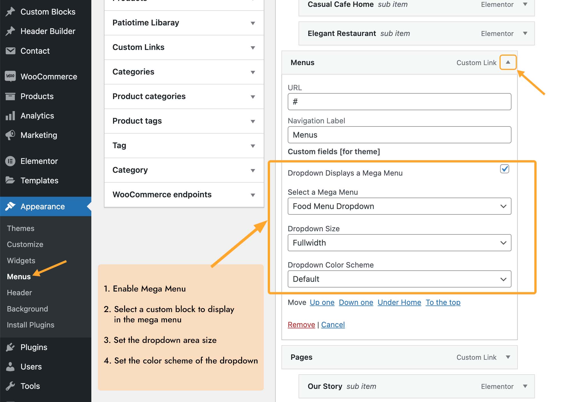 Enable mega menu for a menu item