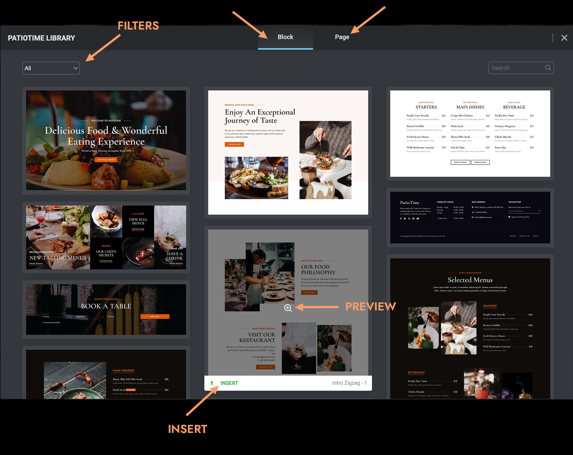 Preview and insert pre-made templates