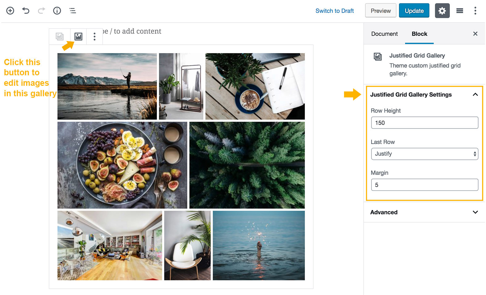 Justified Gallery Block preview in Gutenberg Editor