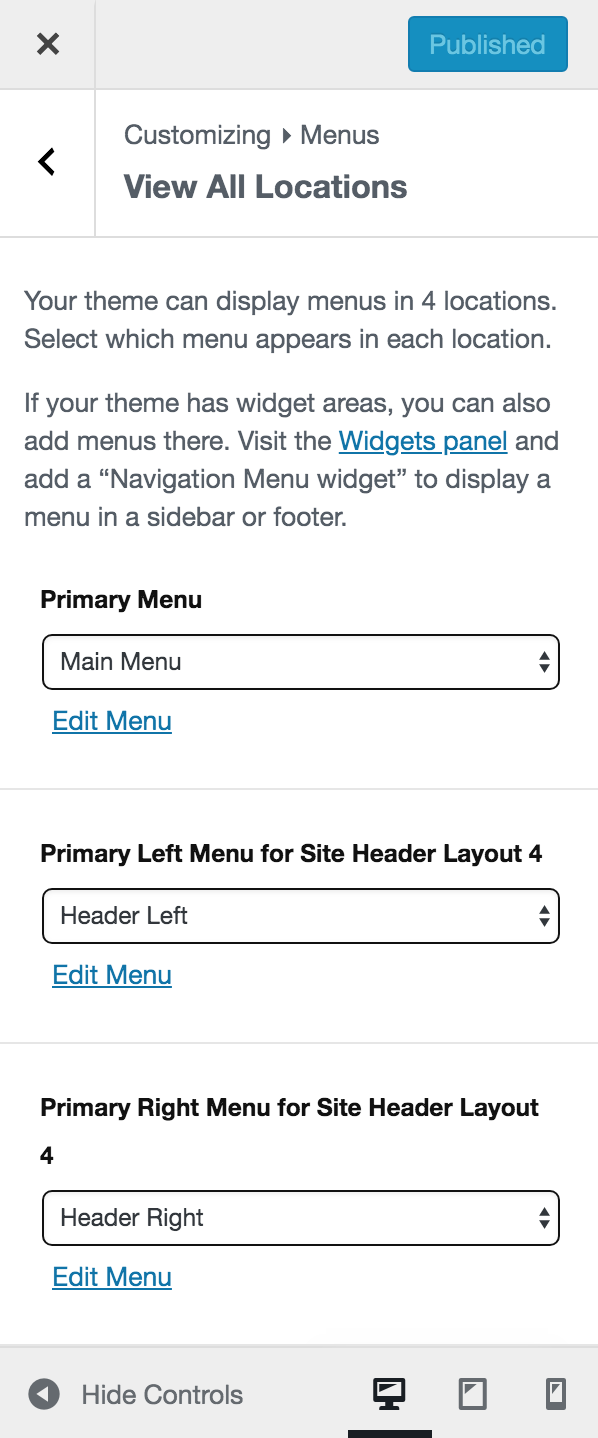 Menu Locations in Customizer