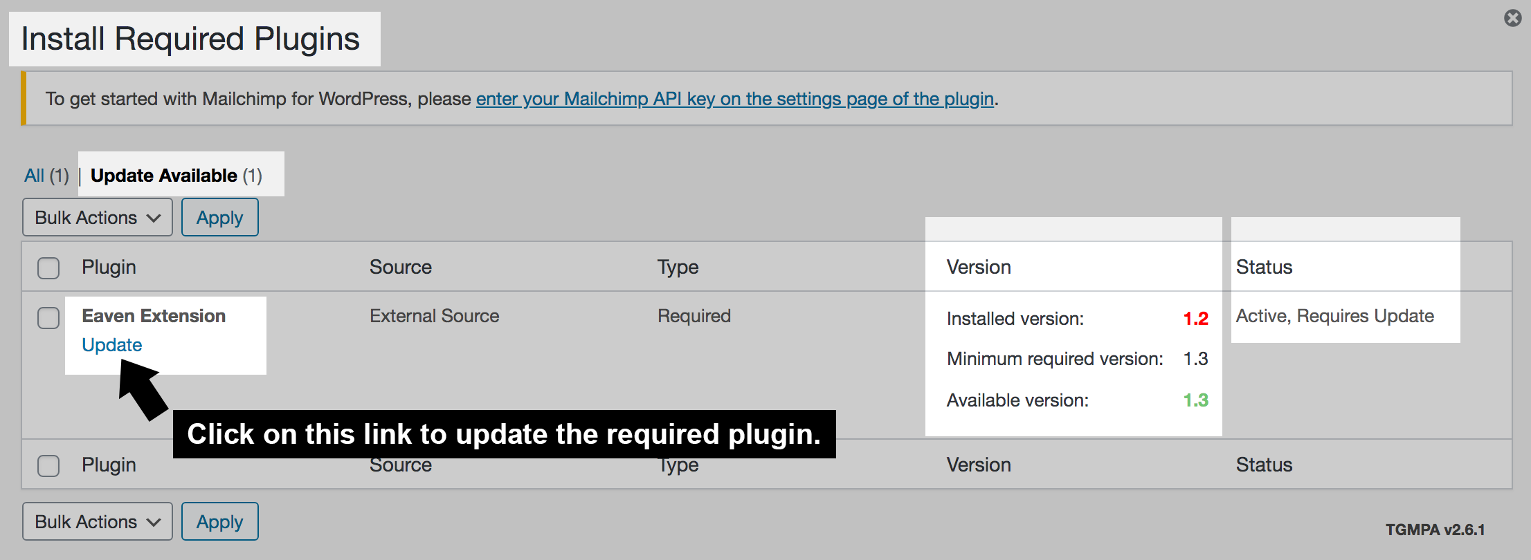 Notification - update the required plugin