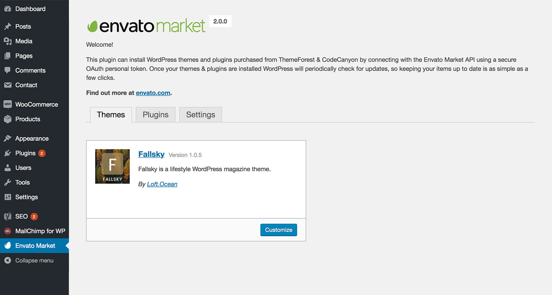 Items purchased from Envato will display on the page.