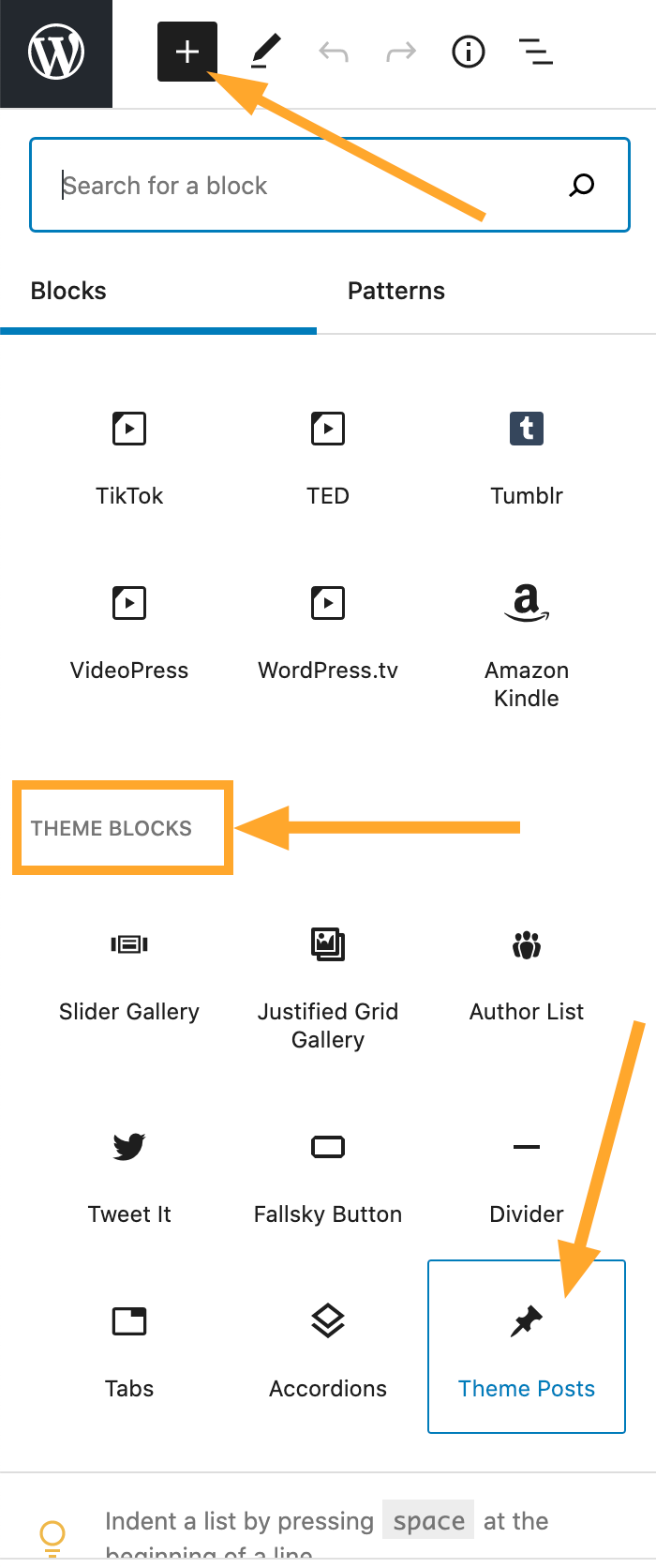 Find Theme Blocks in Gutenberg editor