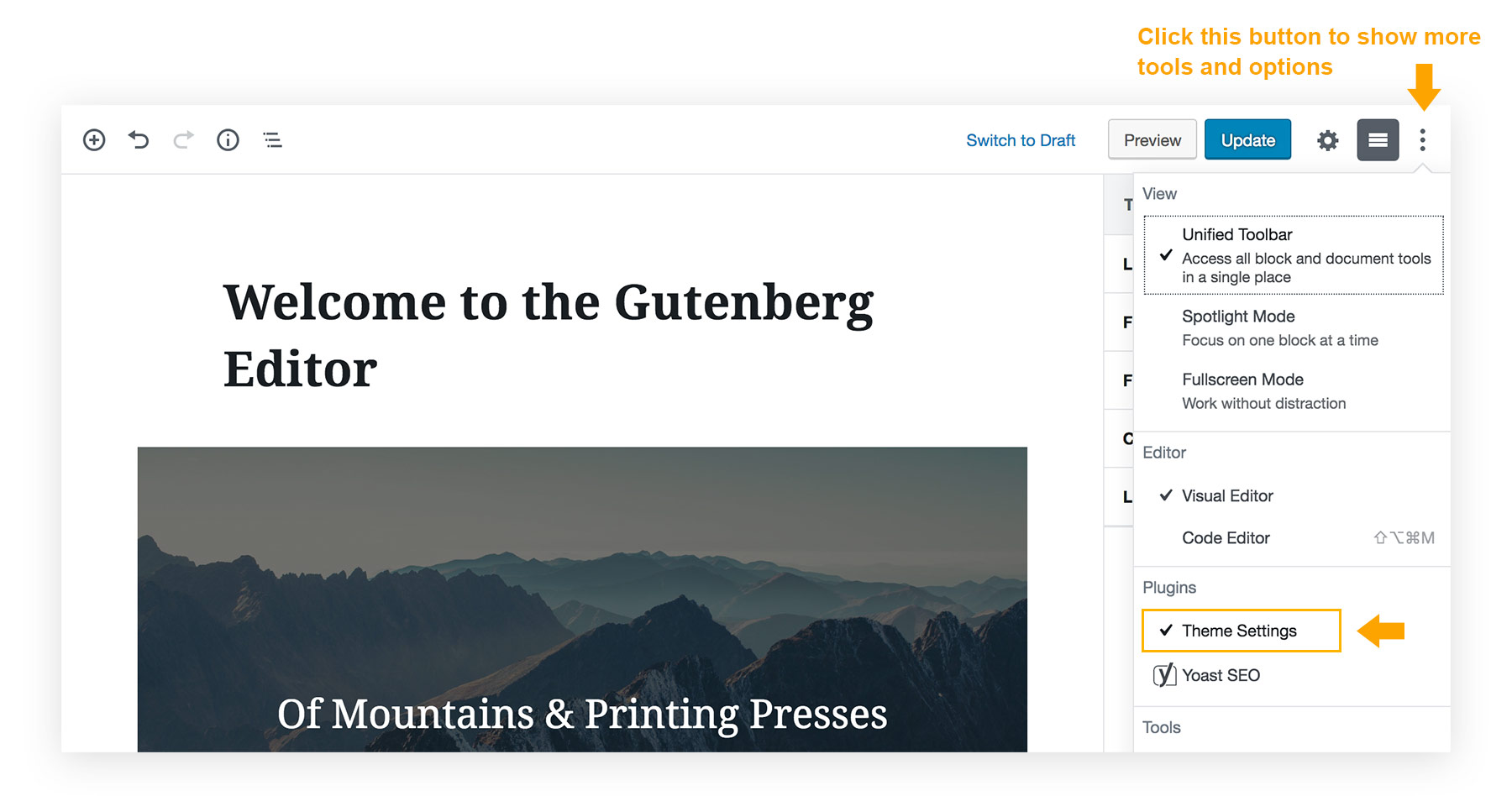 Theme Settings toggle button - Pin to Toolbar