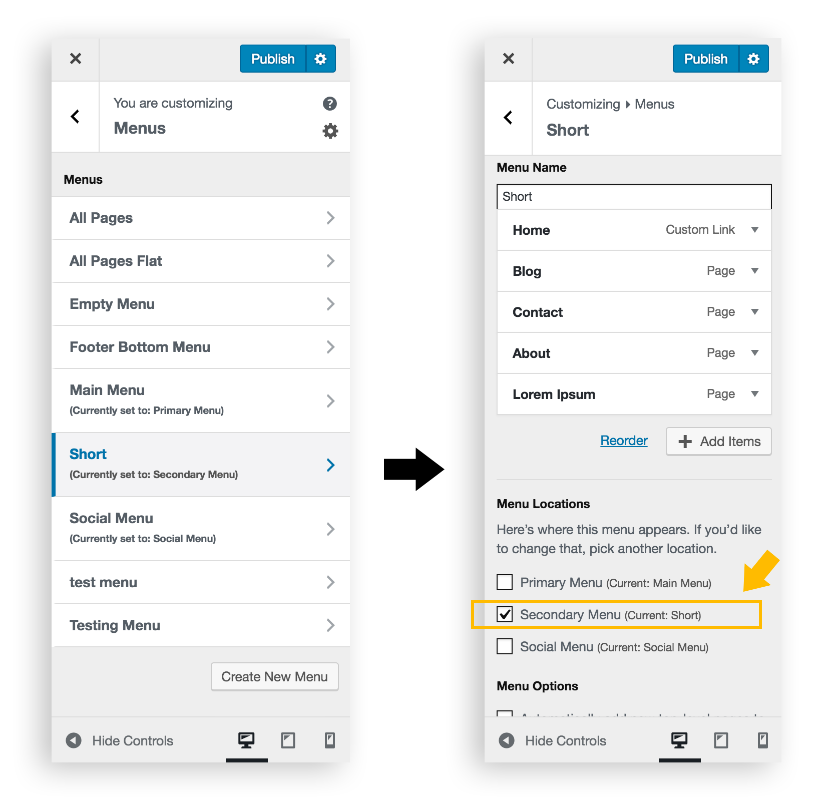 Manage Secondary Menu in customizer