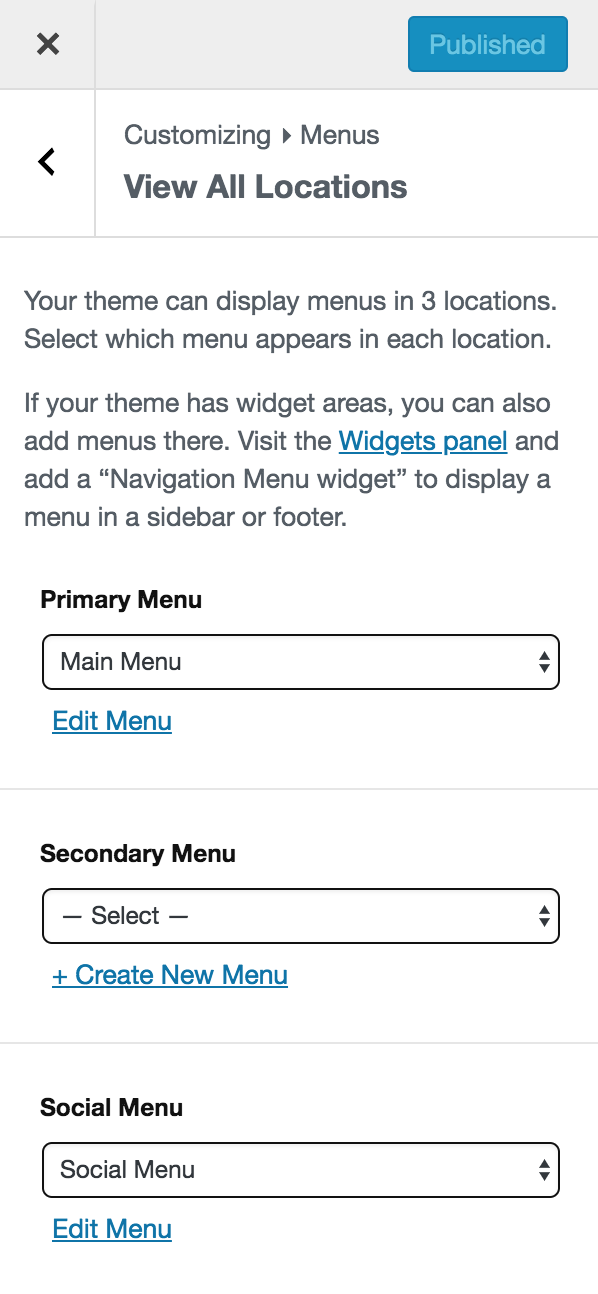 Menu Locations in Customizer
