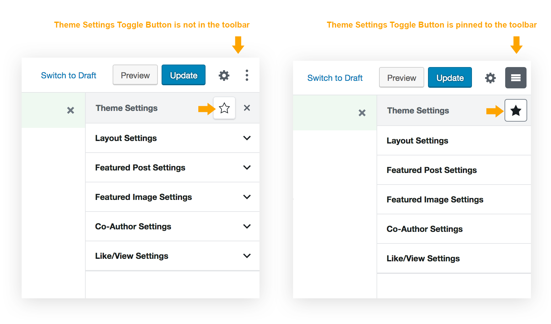 Theme Settings toggle button - Pin to Toolbar