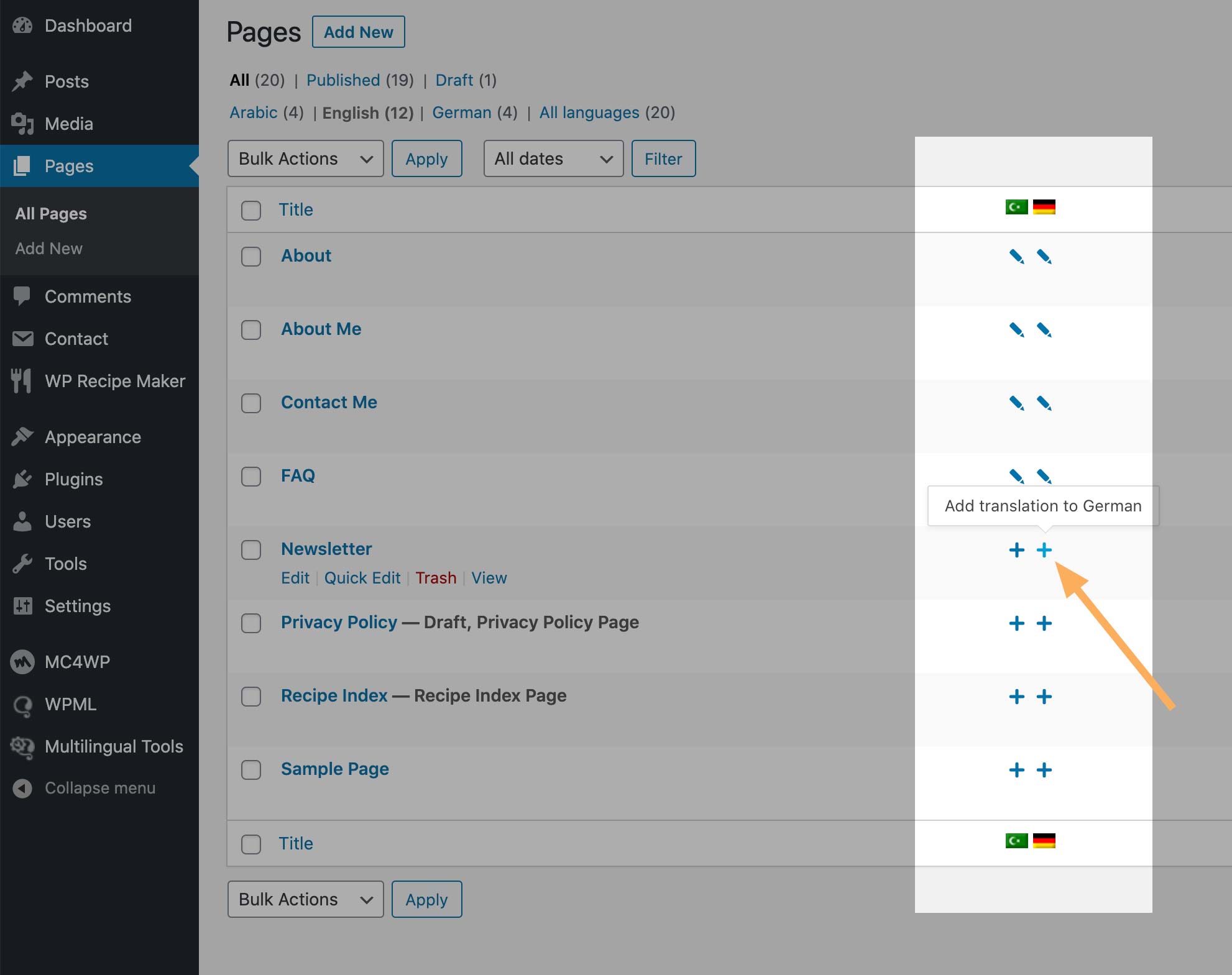 List of Pages with translation controls