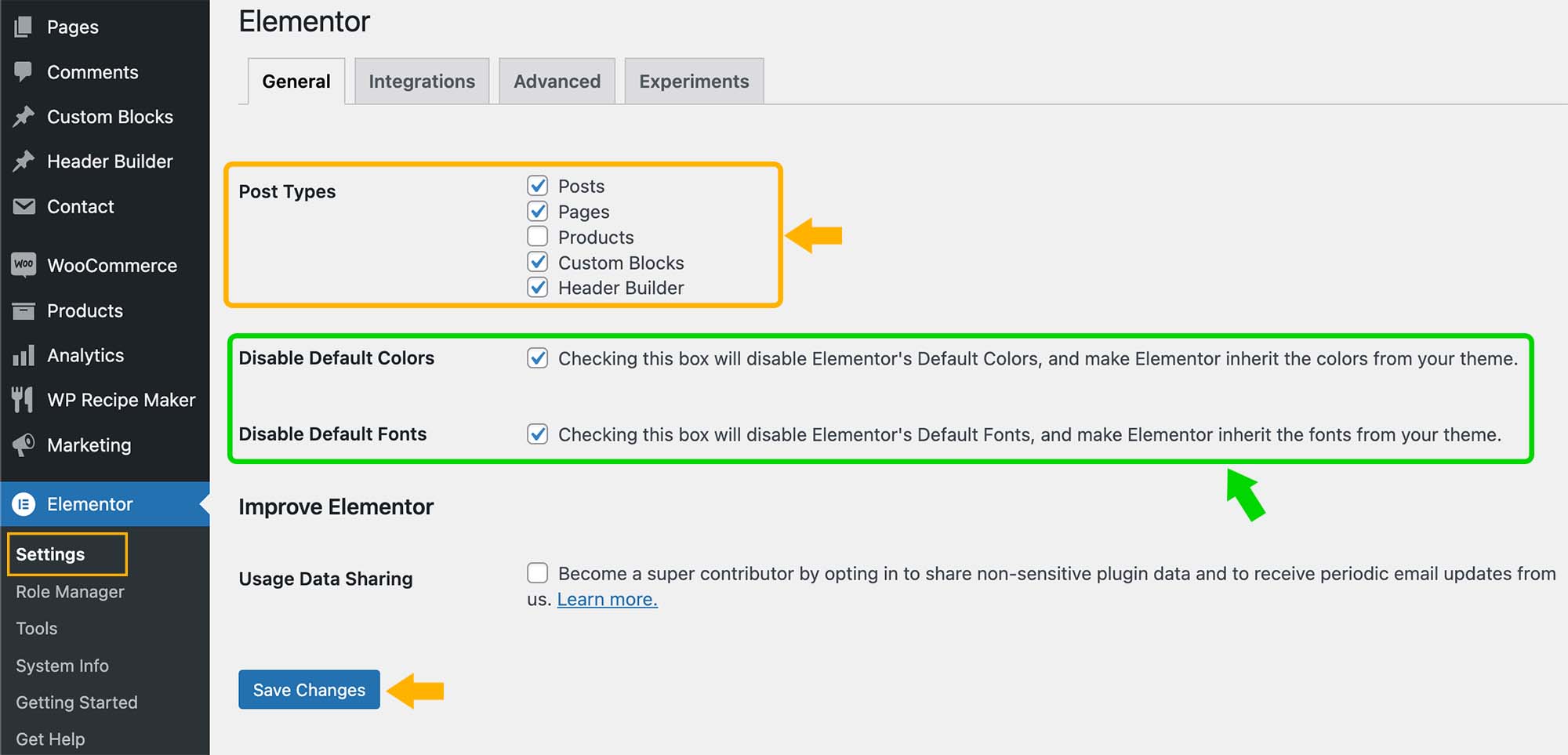 Elementor General Settings