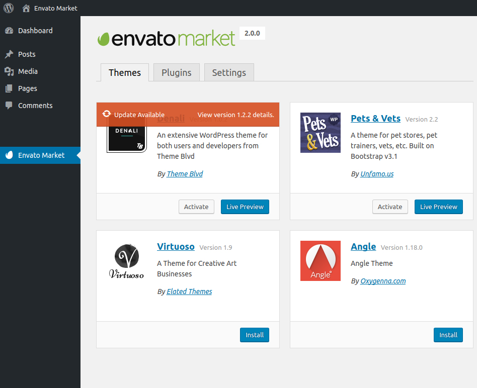 Items purchased from Envato will display on the page.