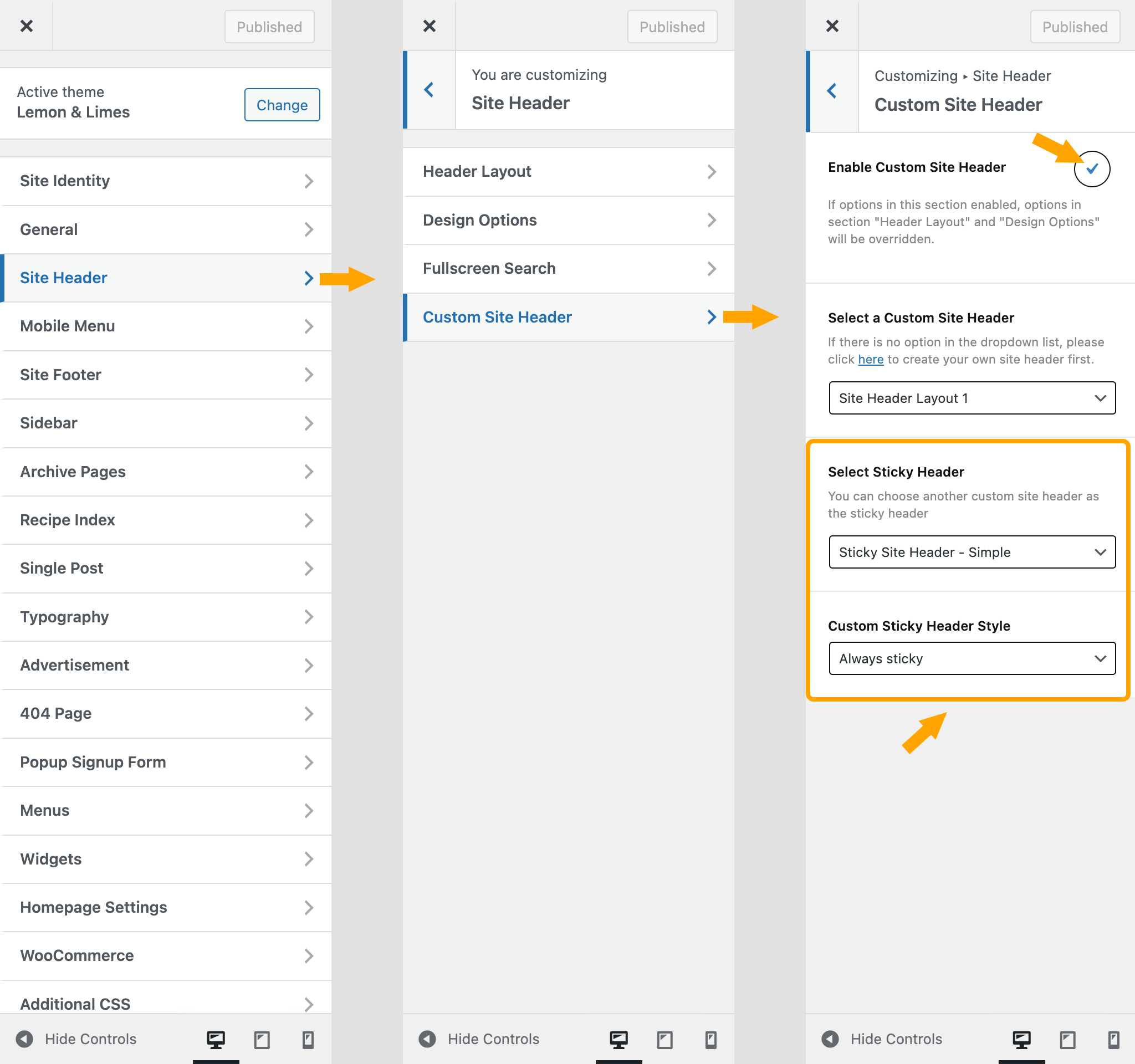 Set the custom sticky site header