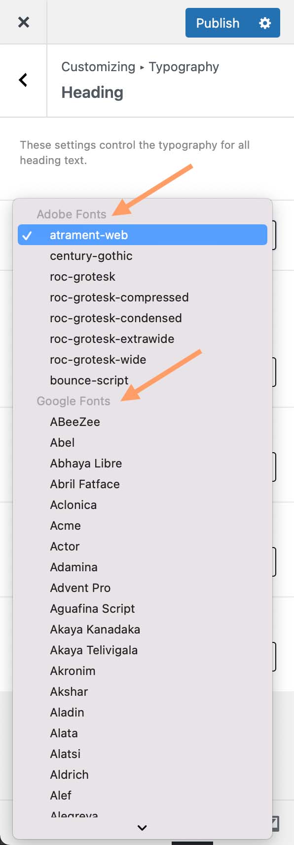 Use Adobe Fonts in the Customizer.