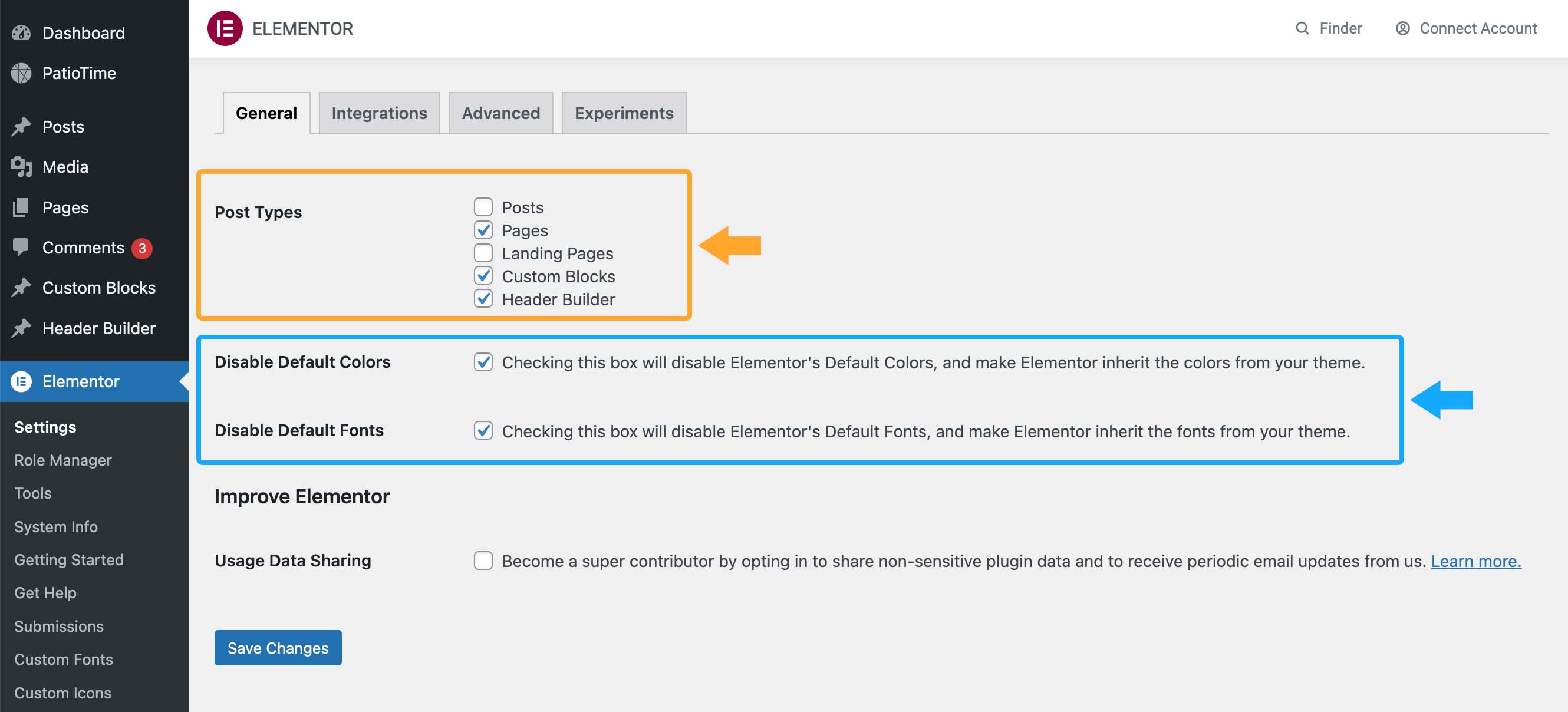 Elementor General Settings