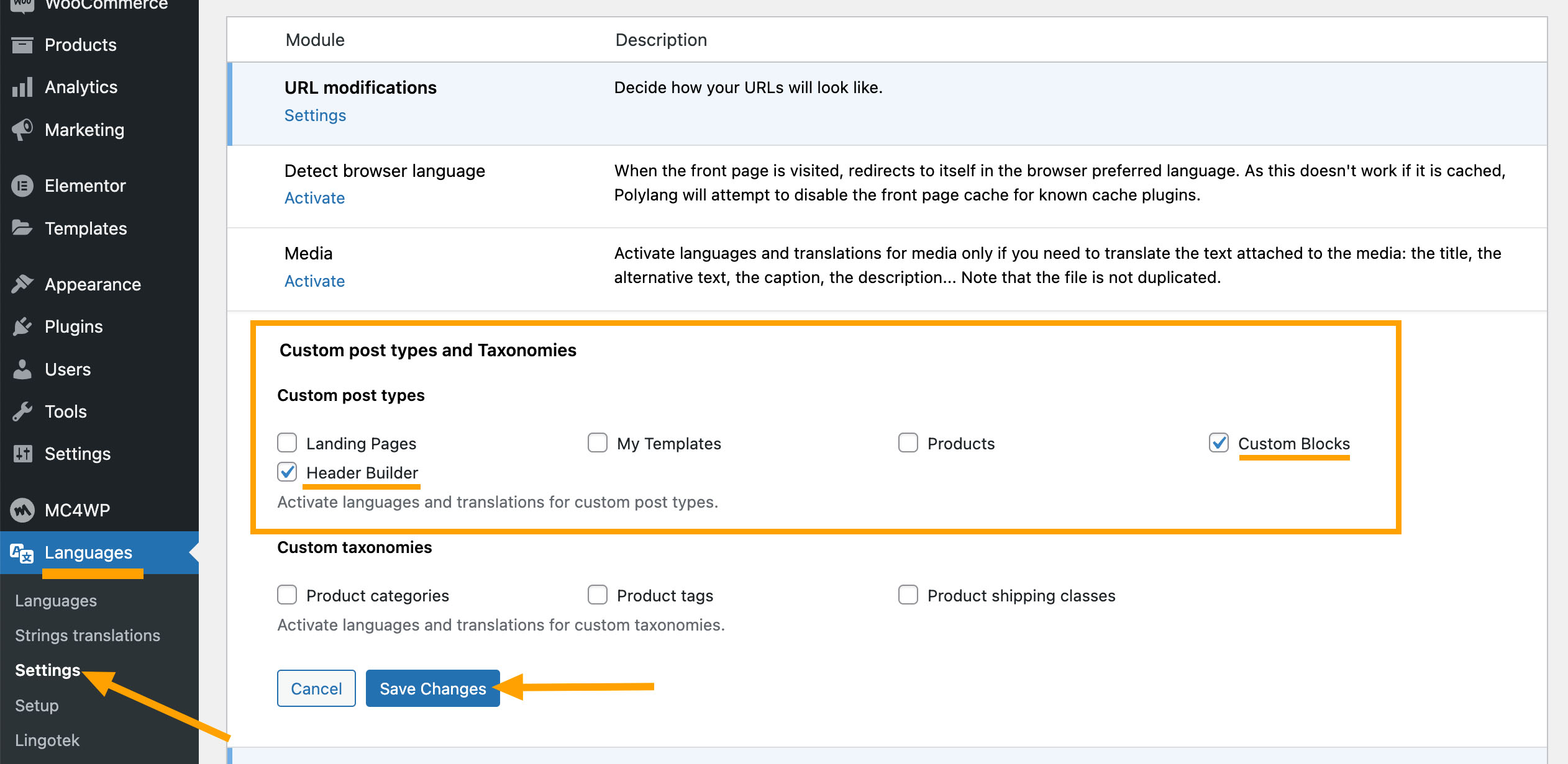 Activate languages and translations for custom post types.