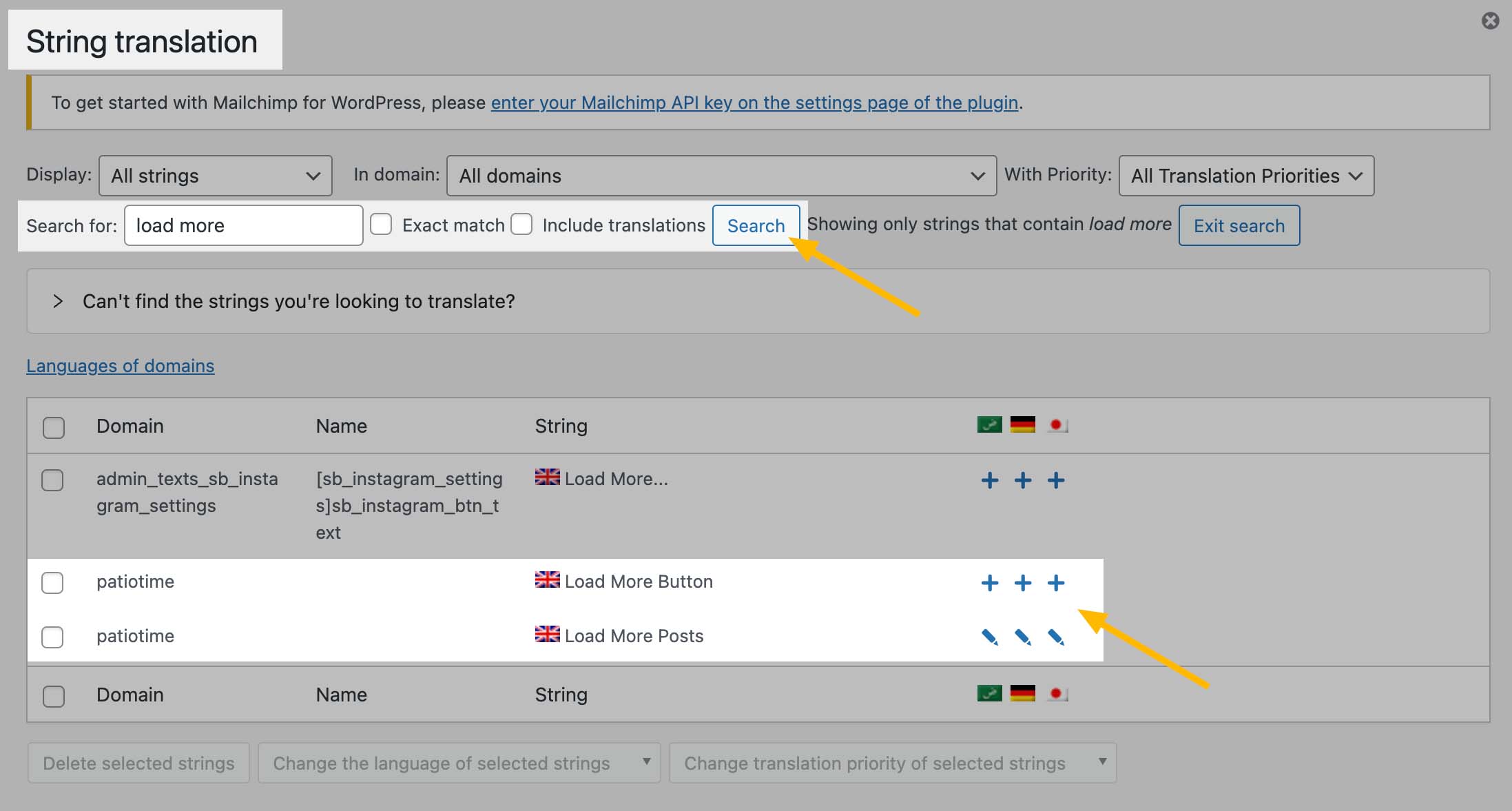 Search for the string