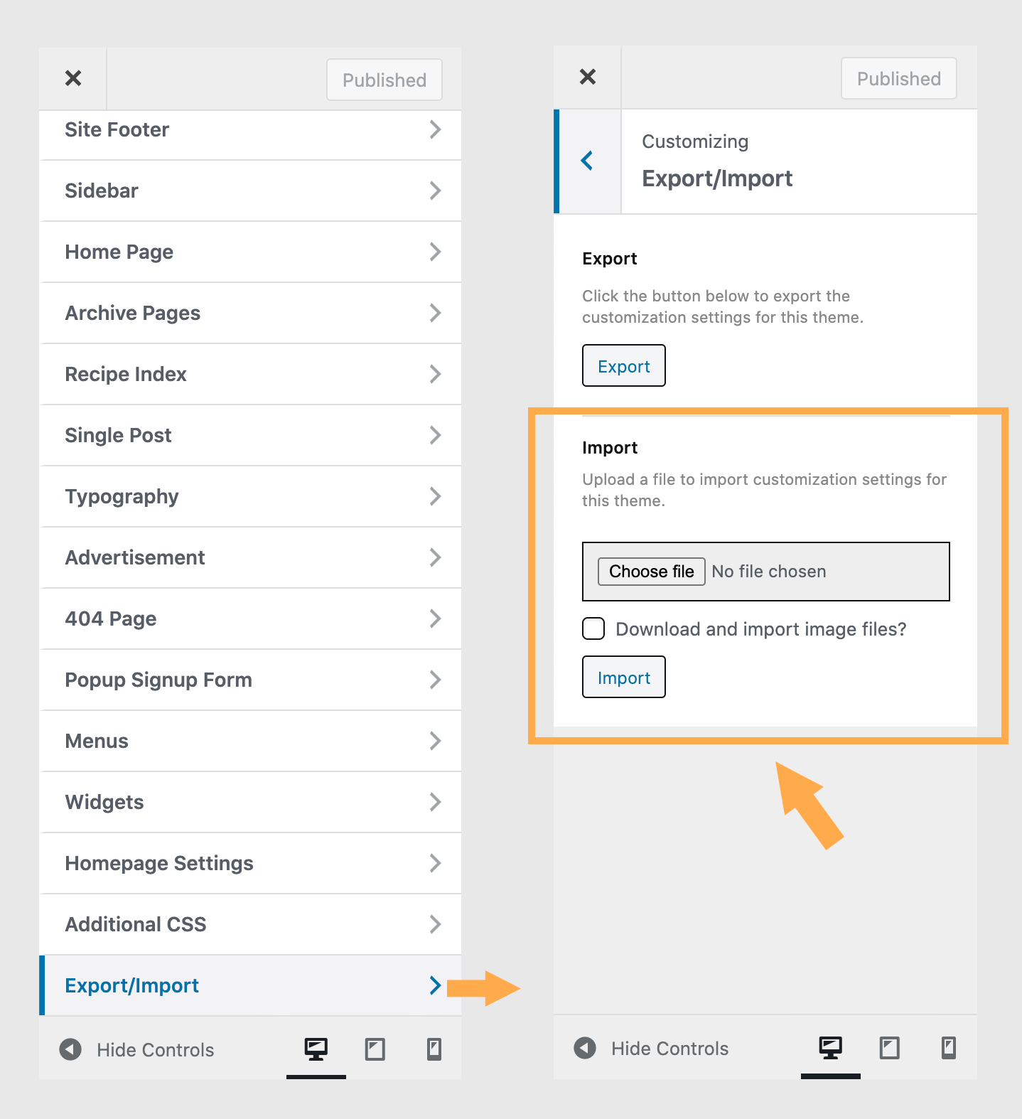 Import the customizer settings