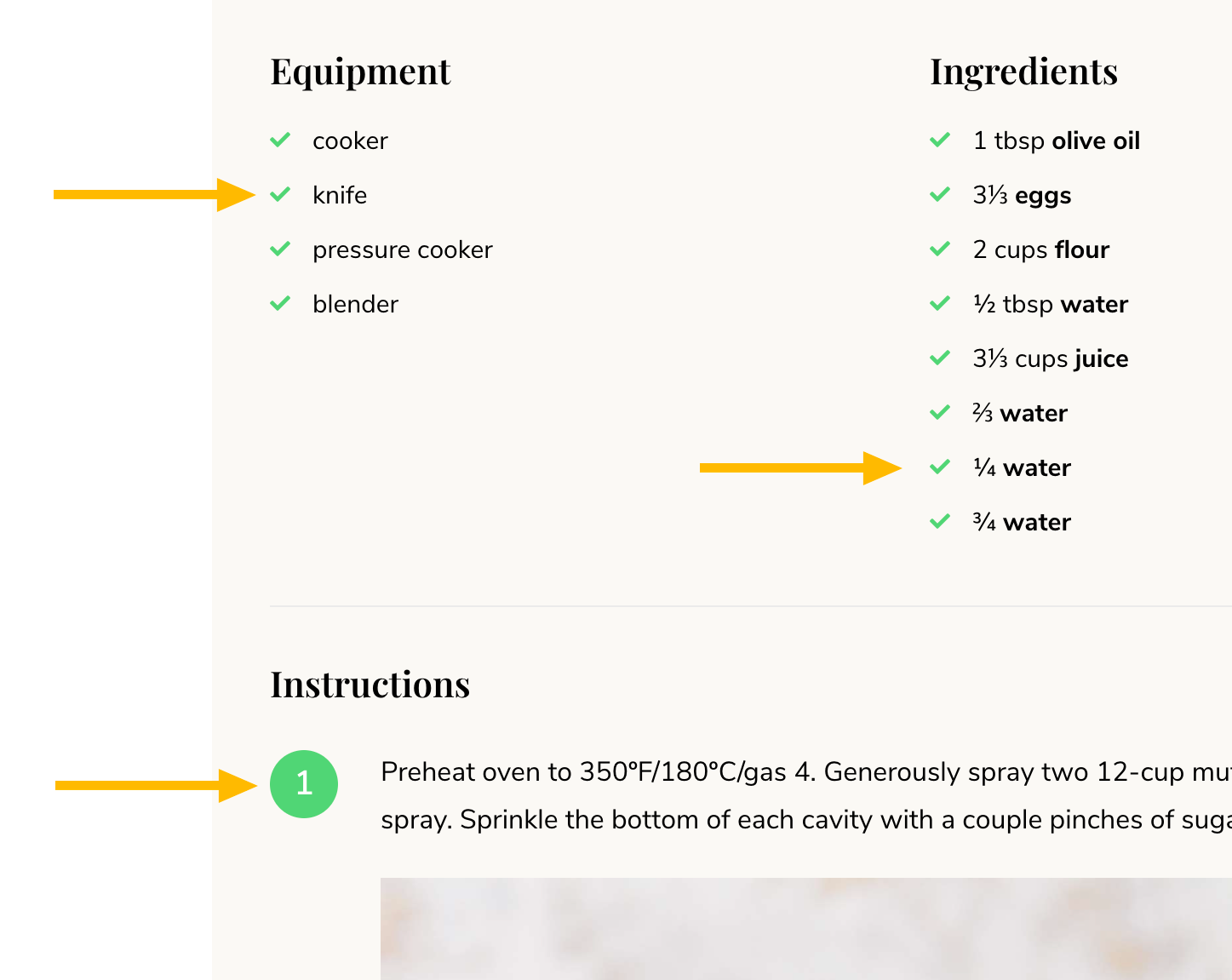 Bullets in the recipe card