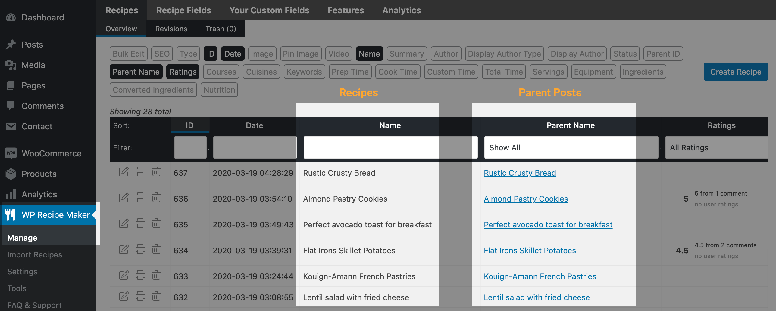 Recipe and its parent post